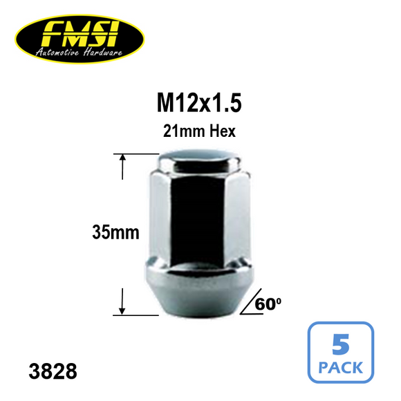 3828 - M12x1.50 Solid Acorn Bulge Lug Nut 21mm Hex (Chrome)