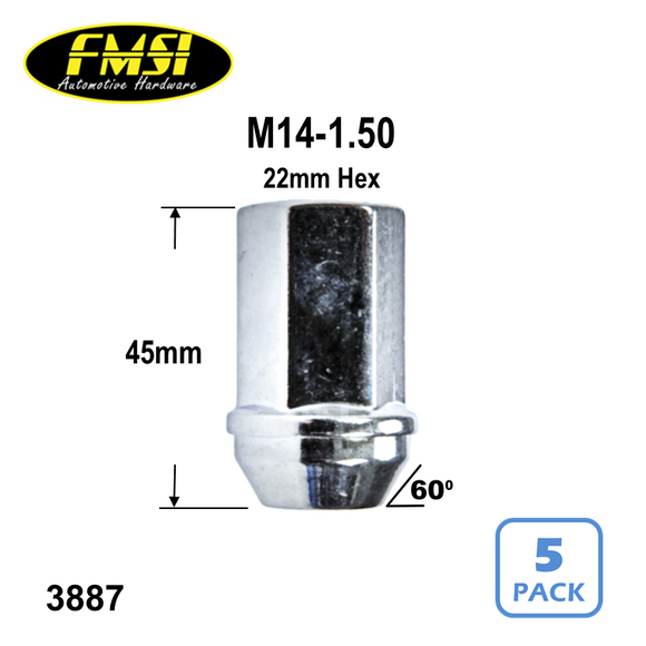 3887 - M14x1.50 Solid Acorn Bulge Lug Nut 22mm Hex (Chrome)